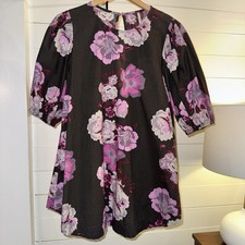 Free People Floral Puff Sleeve Cotton Mini Dress Black Pink Purple XS Tunic