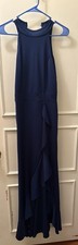 WOOSEA Bodycon Dress Navy Blue Stretch Knit ZIP BACK Halter Neck HIGH SLIT sz M