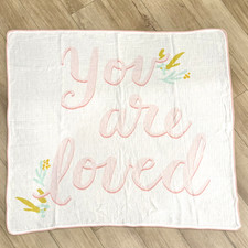 Cloud Island "You Are Loved" Baby Swaddle Blanket Pink Pom Pom Edge White Muslin