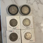 Lot of 6 Barber Silver Half Dollars 1897, 1898, 1905-O, 1907-O, 1908-O, 1910-S
