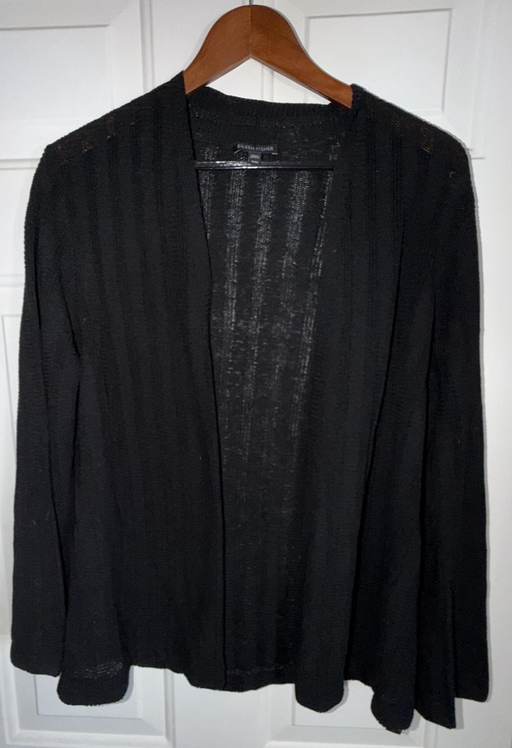 Eileen Fisher Silk Linen Blend Open Cardigan Black Minimalist Quiet Luxury Med