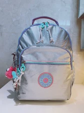 NWT Kipling Seoul Small Tablet Backpack Silver FUN  School bag 37cm heigh