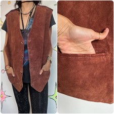 Vintage Brown Suede Leather Oversized Vest   Rocker Grunge Western Boho - XL