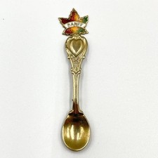 Vintage Banff Canada Souvenir Spoon Brooch Gold Tone Enamel Maple Leaf Heart Pin