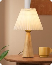 13.58" Small Table Lamp, Wooden Base Nightstand Lamp, White Pleated Lampshade