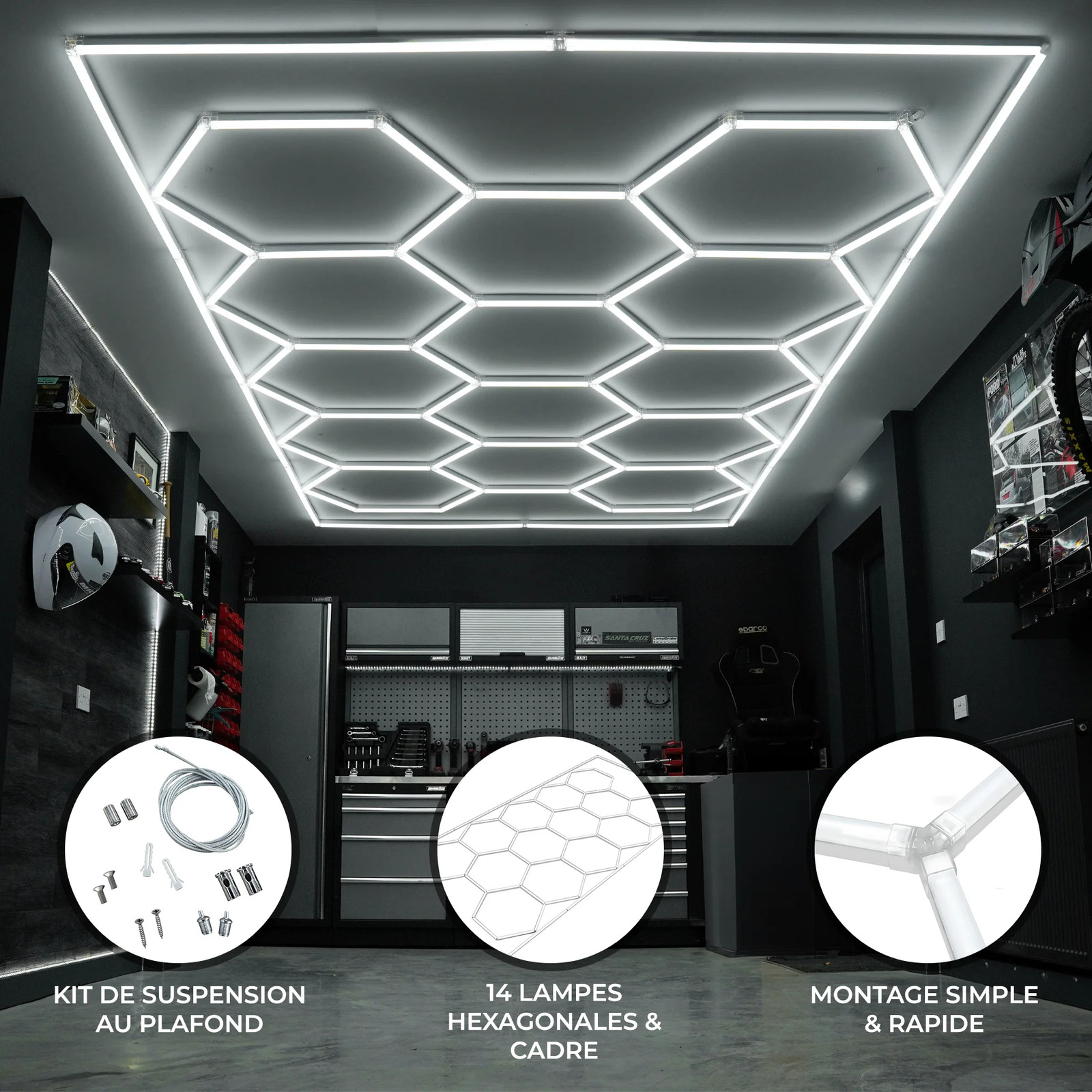 Plafonnier LED hexagonal anti-zones d'ombre pour grand garage 14 tubes - 2