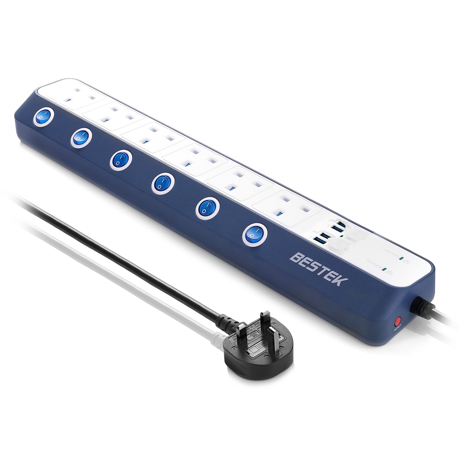 BESTEK Surge Protection Extension Lead, 1.8M 6 Way individual Switch Power Strip