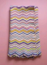 Vintage Handmade Heavy Knit Crochet Blanket 42x48" Pastel Zig Zag Chevron