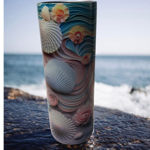 Skinny 20 oz Tumbler with Shells and Starfish Design Brand New Hand Finished Portable Skinny 20 oz Tumbler with Shells and Starfish Design Brand New Hand Finished Portable