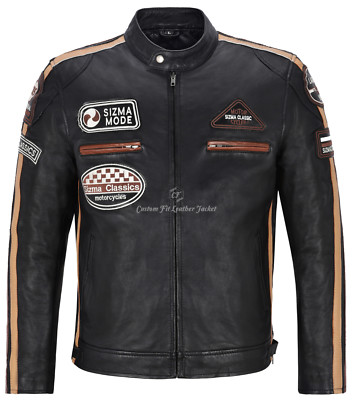 SIZMA Herren Lederjacke schwarz klassisch Motorrad Mode echtes Lammleder 5011
