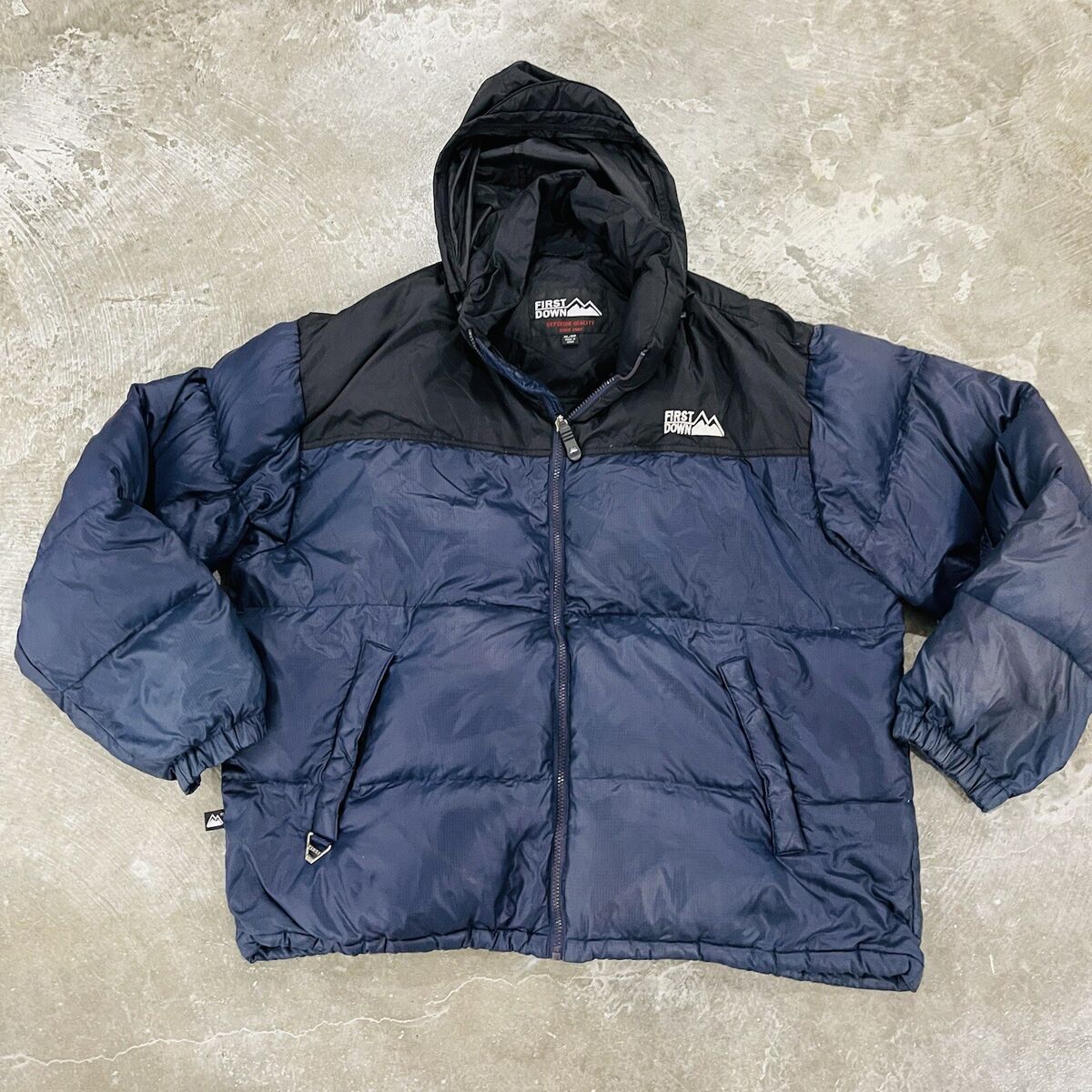 First Down Puffer Jacket Vintage Black & Blue Mens XL Duck First Down Puffer Jacket Vintage Black & Blue Mens XL Duck