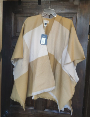 Women's Universal Thread One Size Mustard Beige Check Ruana Kimono