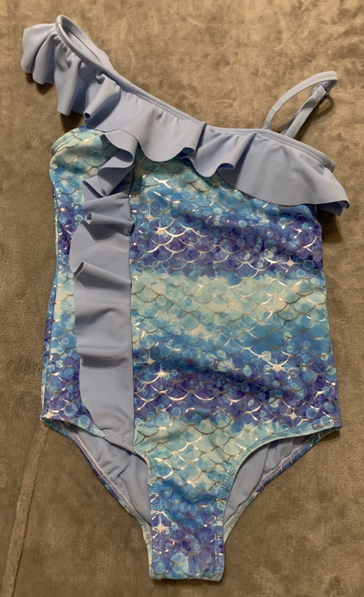 Justice Girls Mermaid Scales One Piece Ruffle Swimsuit Lined Adjustable Strap 6