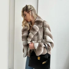 New Women Chinchilla Coats Real Rex Rabbit Fur Lapel Jacket Winter Warm Outwear