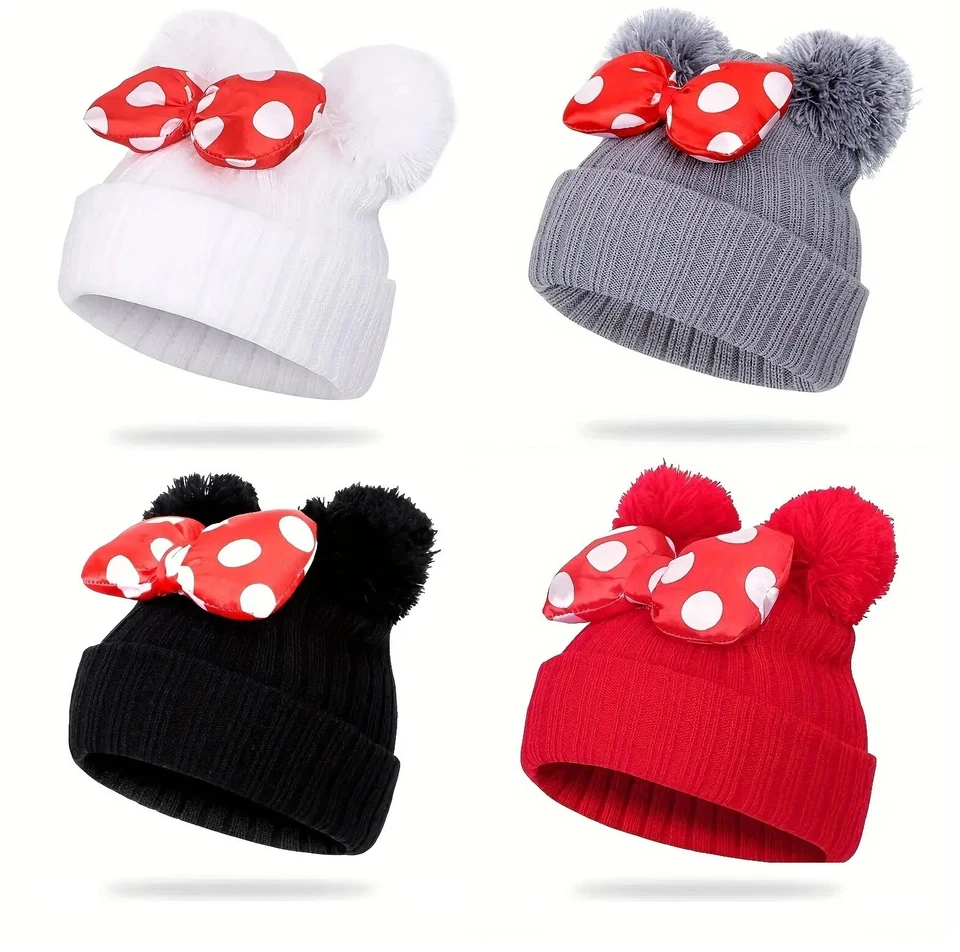 ONLYBEE Girls Childrens Toddlers Winter Warm Cute Double BOBBLE HAT With Bow Age 3 to 8
