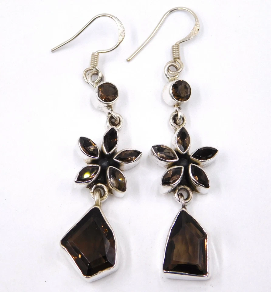 13.2 Gm 925 Sterling Silver Natural Smoky Gemstone Handmade Earring Size 2.5" - Image 4 of 4