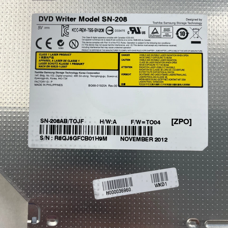 Unidad óptica Toshiba Samsung SN-208 CD DVD±RW SATA + bisel H000036960 C850 L850 Foto 2 de 4