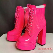 Women Platform Ankle Boots Square Toe Patent Leather High Chunky Heels Shoes