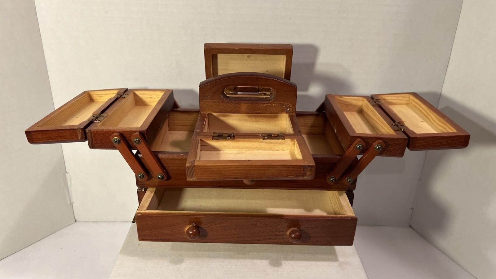 Small Vintage Wooden Expandable Sewing Box Storage Organizer with Handle