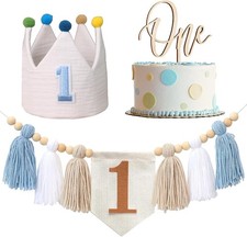 NEW  Baby Boy First Birthday Party High Chair Banner  Crown  NO Cake Topper