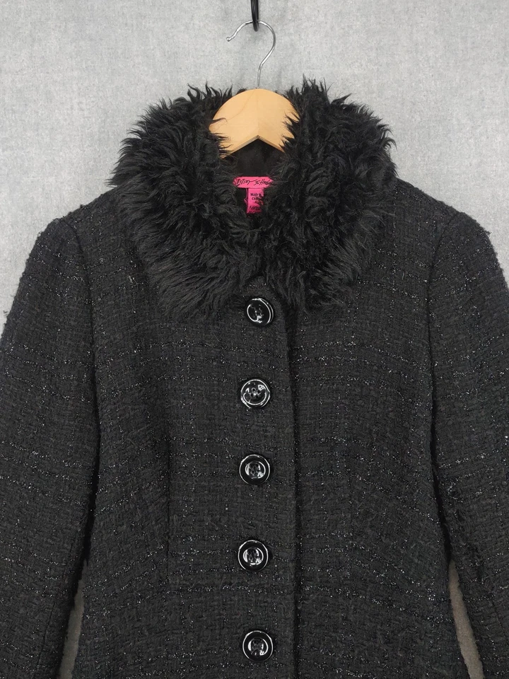 Abrigo Betsey Johnson para mujer 6 negro imitación piel mezcla de lana abotonada brillante elegante Foto 3 de 4