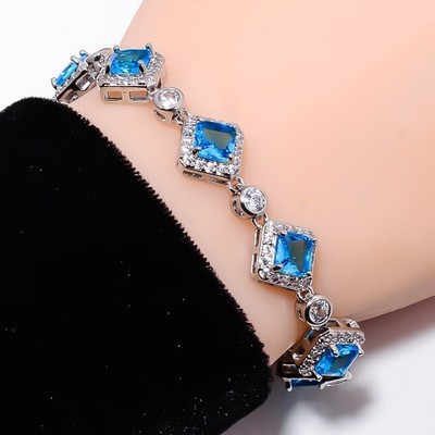 Blue Topaz, CZ 925 Sterling Silver Adjustable Bracelet 7-8'' B141132