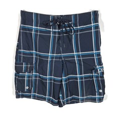 OP Ocean Pacific Swim Trunks Men Size M 32-34 Polyester White Blue Check Pockets