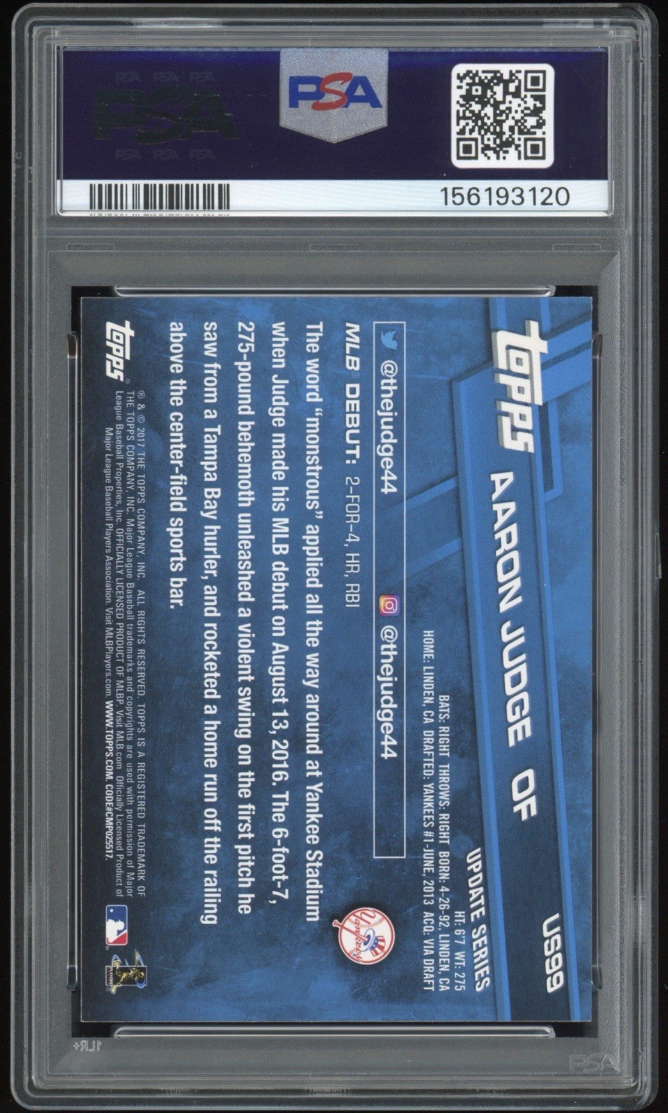 PSA 9 Aaron Judge 2017 Topps Update Series #US99 Rookie Debut RC view 2