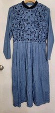Country Wear Vintage 90s Denim Maxi Dress Blue Velvet Trim Embroidered Medium