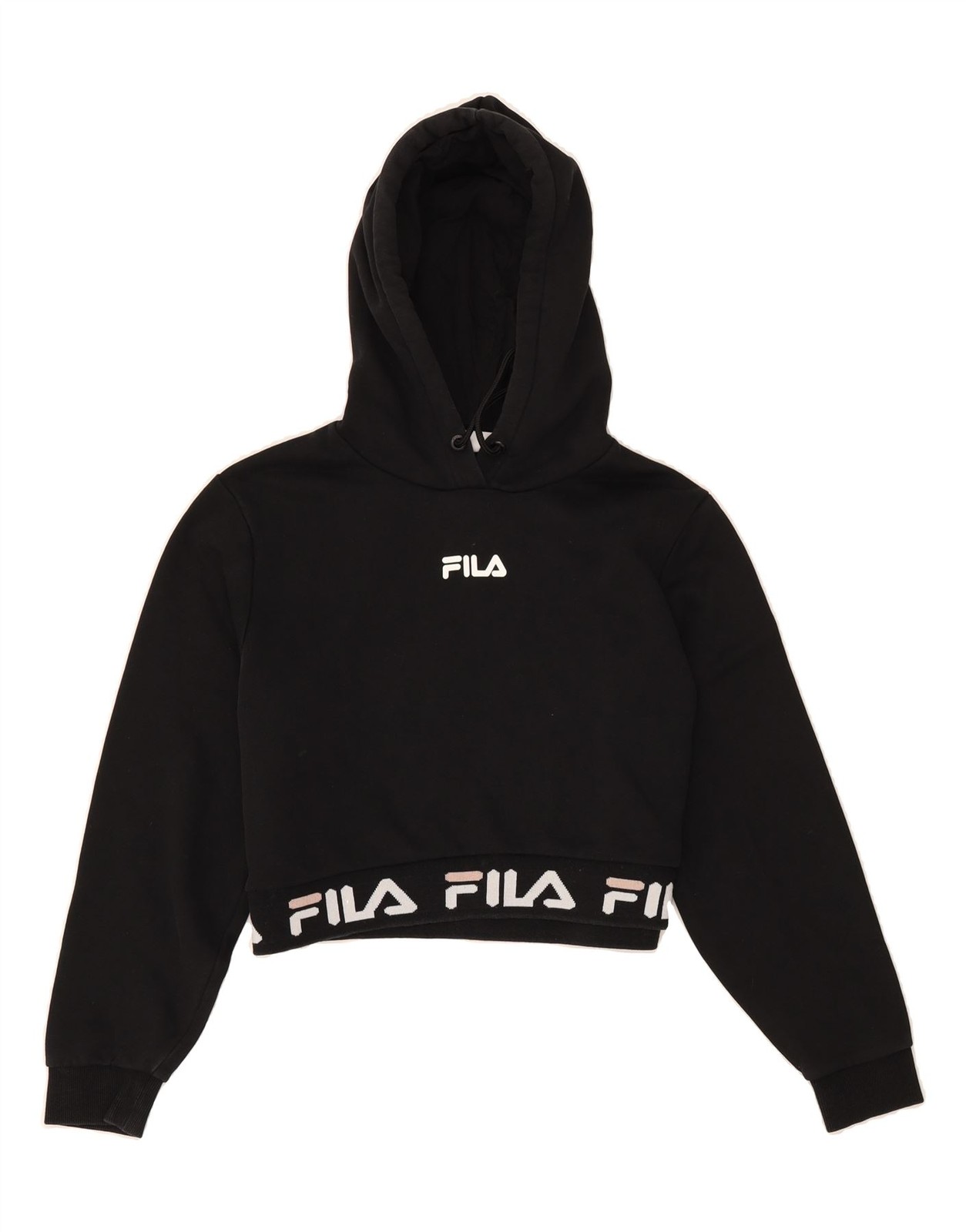 FILA maglione donna crop grafica felpa con cappuccio UK 12 medio nero cotone CR53