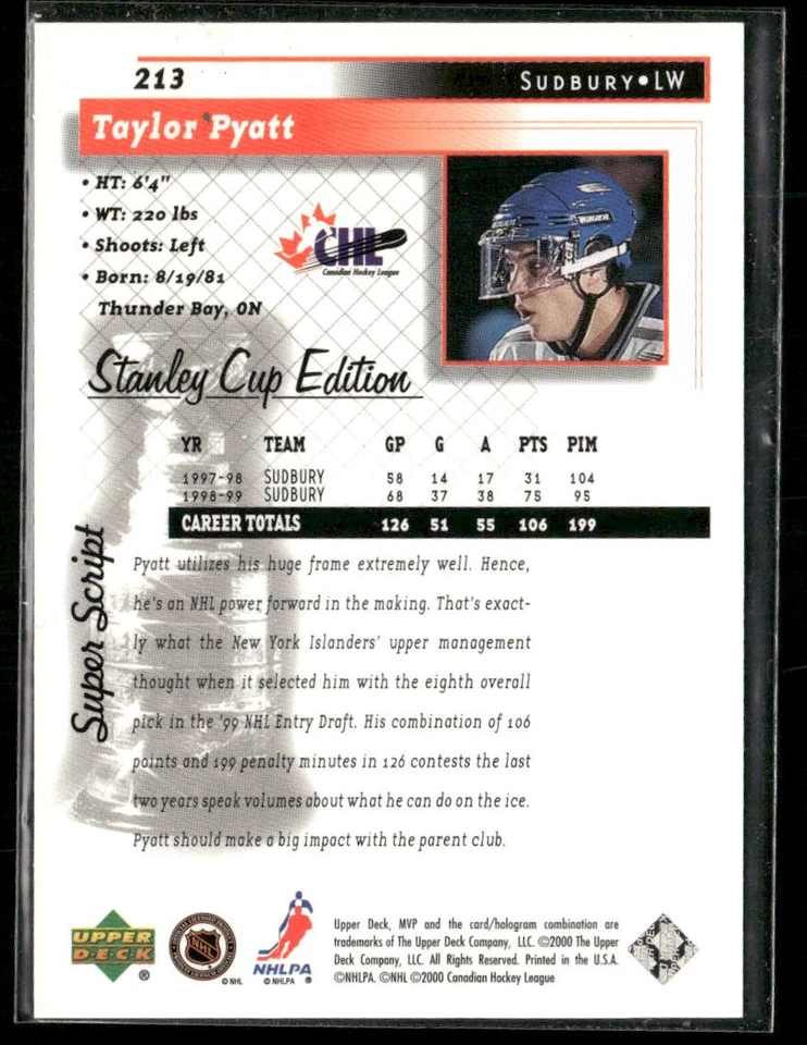 1999-00 UD MVP SCE Taylor Pyatt Super Script /25 #213 Sudbury Wolves - Image 2 of 2