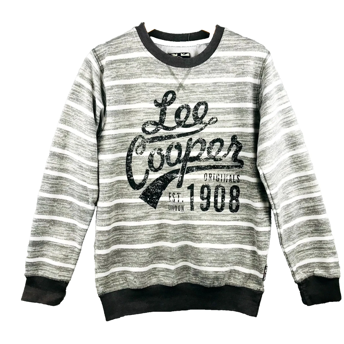 Sudadera Lee Cooper S para hombres, Rayas blancas grises, logo forro polar de cuello redondo