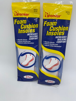 2 Pkg 2 Each Premier Foam Cushioned Insoles Men's 9-10 & 11-12 Made in USA NOS