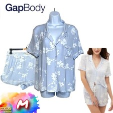 NWD GapBody Women M 2pc Short Sleeve Notch Collar Top  Short PJ Set Gray Floral