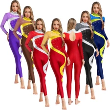 Womens Dancewear Fashion Bodysuit Kung Fu Jumpsuit Dance Mock Neck Outfit Back