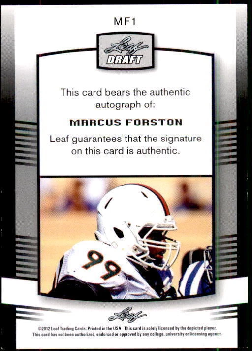2012 Leaf Draft Autographs Blue #MF1 Marcus Forston AUTO  (21400) - Image 2 of 2