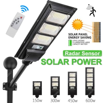LED Solar Street Lights 160W-600W Lamps IP65 Pole Remote Control Outdoor Road
