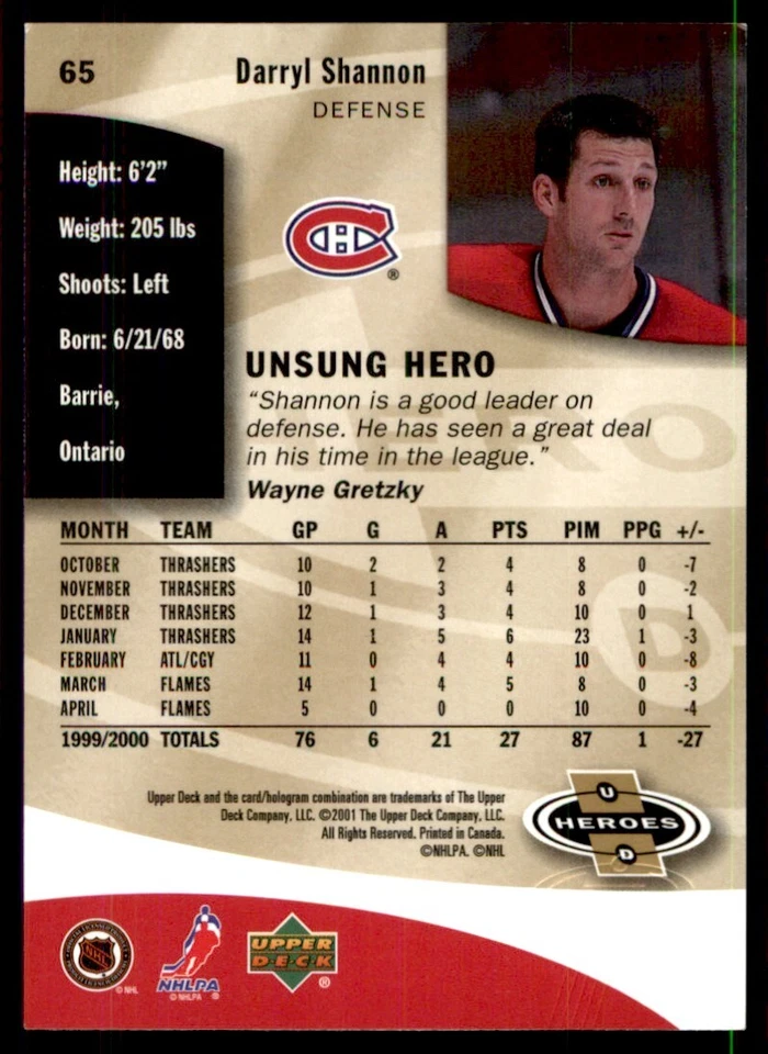 2000-01 Upper Deck Heroes Darryl Shannon Montreal Canadiens #65 - Image 2 of 2