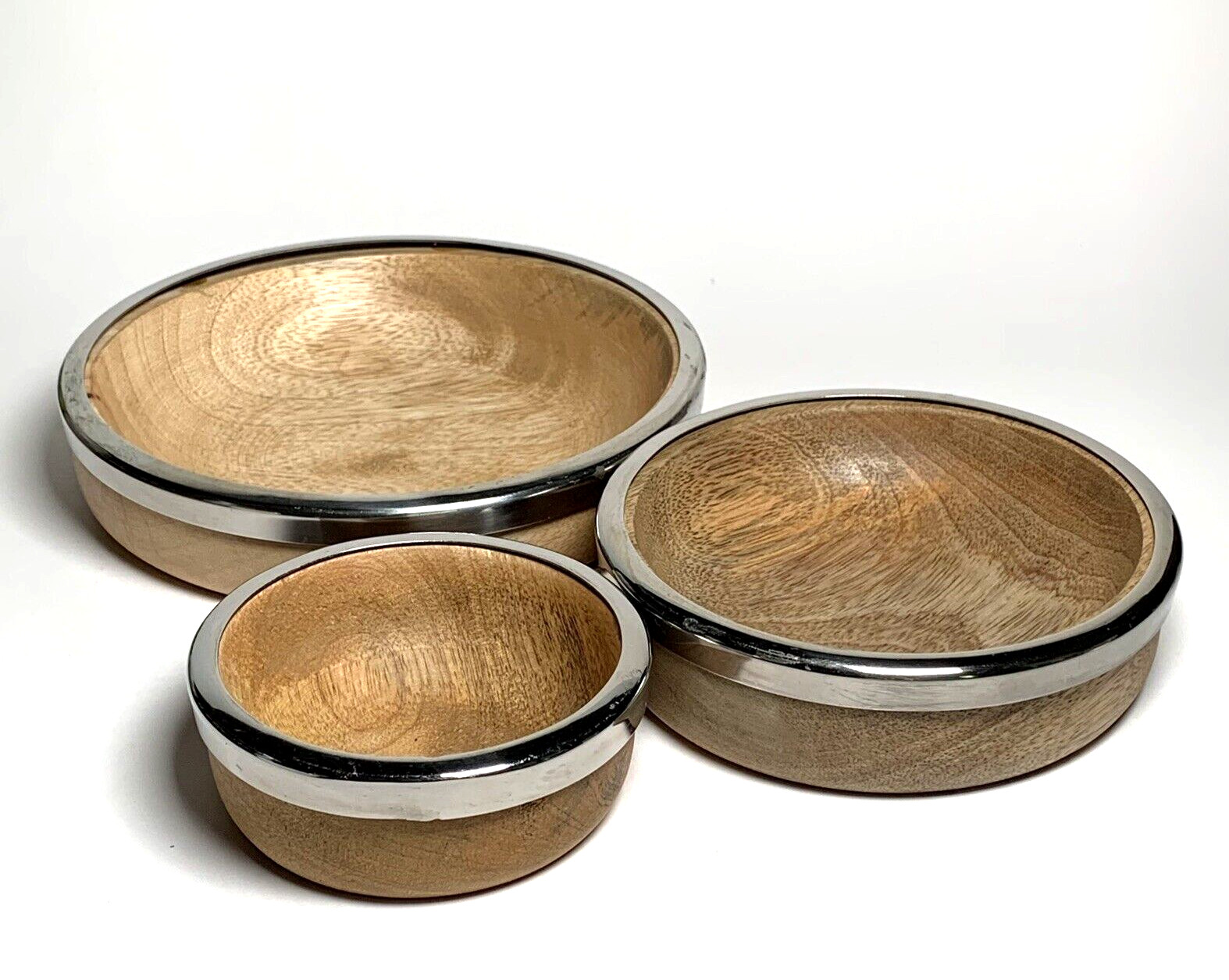 Wood Serving Bowls Silver Toned Metal Rims Natural Nesting Modern Style Set of 3