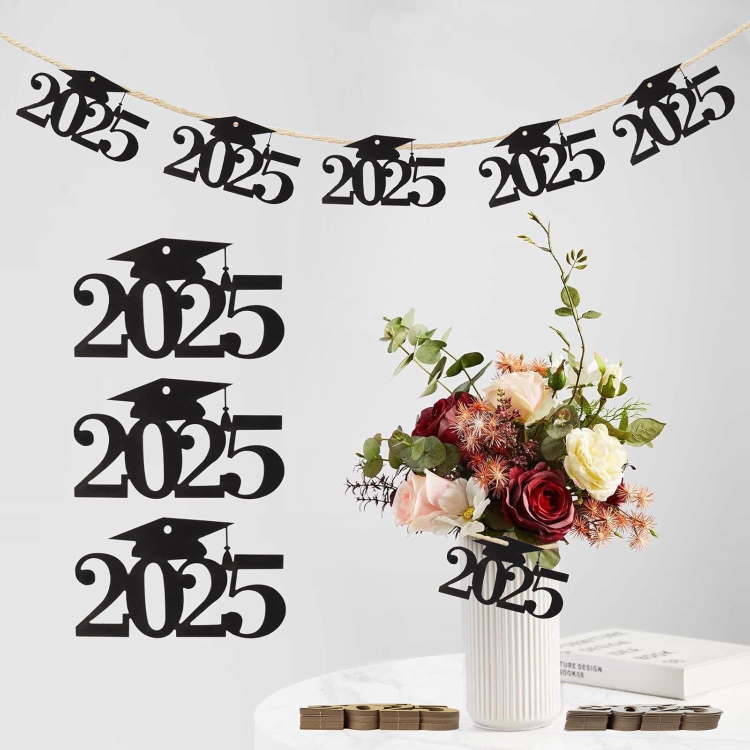 30 Pieces Black Class of 2025 Graduation Decorations Glitter Graduation Cap Cuto