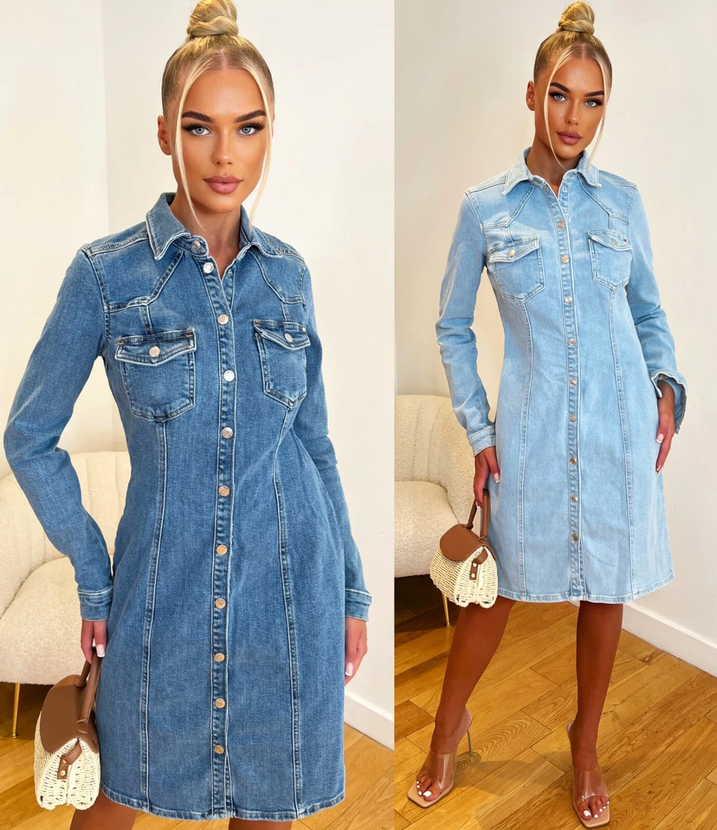 MAVIS - Long-Sleeve Collared V-Neck Washed Ruched Mini Sheath Denim Shirt  Dress | YesStyle