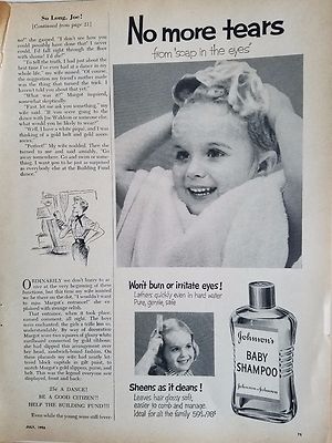 1956 Johnsons No More Tears Baby Shampoo Sheens Cleans Print Ad