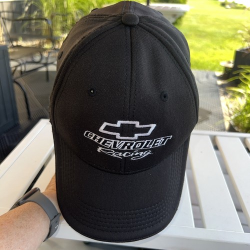 Chevrolet Racing w Chevron Logo Black Hat Cap Black and White Letters Accents - Picture 9 of 13