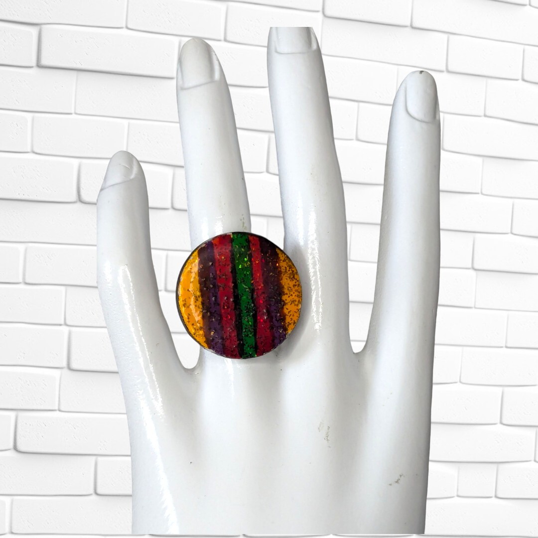 Vintage Adjustable Ring Round Rainbow Striped Fus… - image 1