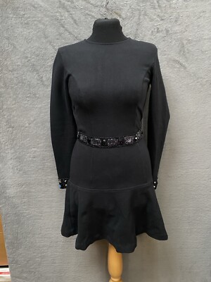 Needle & Thread Long Sleeve Black Mini Dress Size 8 Beaded Belt & Cuffs Womens