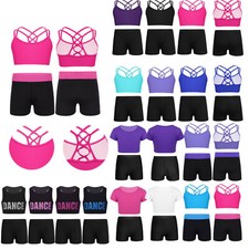 Kids Girls 2 Piece Gymnastics Sports Dance Outfit Crop Tank Top+Booty Shorts Set