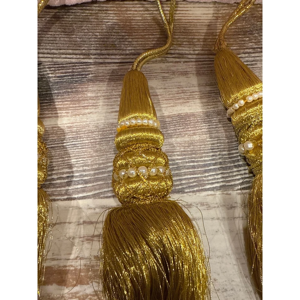 Juego de 3 borlas decorativas vintage, borlas estilo antiguo, oro con perlas Foto 2 de 3