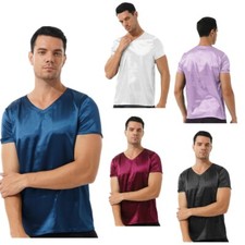 US Men's Satin Pullover Short Sleeve V Neck Tops Loungewear Sleepwear Nightwear