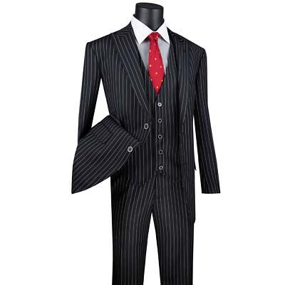 BIG & TALL Men's Black Gangster Stripe 3-Piece Classic-Fit Suit