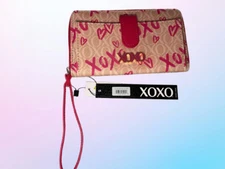 XOXO Women's Wristlet Wallet Clutch, Zip Around, Beige and Magenta Pink